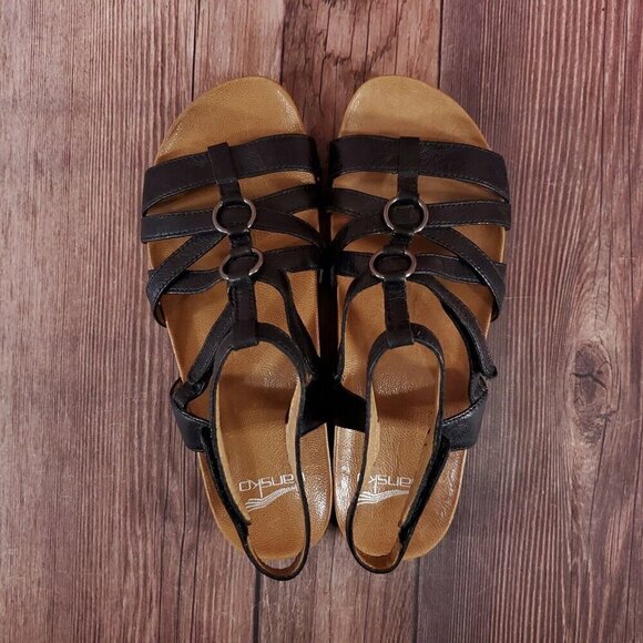 Dansko Size 38 US 7.5-8 Jolene Black Glazed Kid Leather Sandals Gladiator Strap - Picture 7 of 15